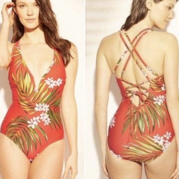 Kona Sol Other - Kona sol red orange tropical floral v wire one piece open tie back swim suit
